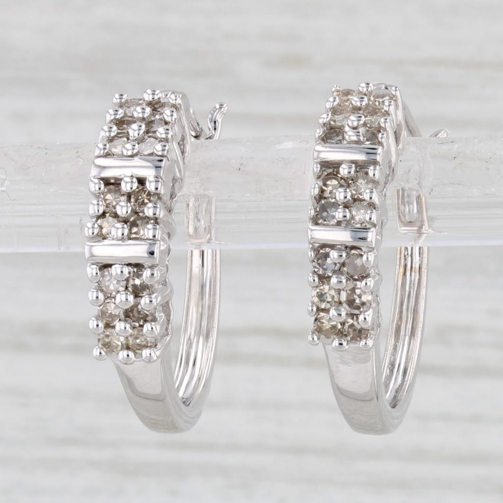 Light Gray 0.20ctw Diamond Hoop Earrings 10k White Gold Snap Top Round Hoops