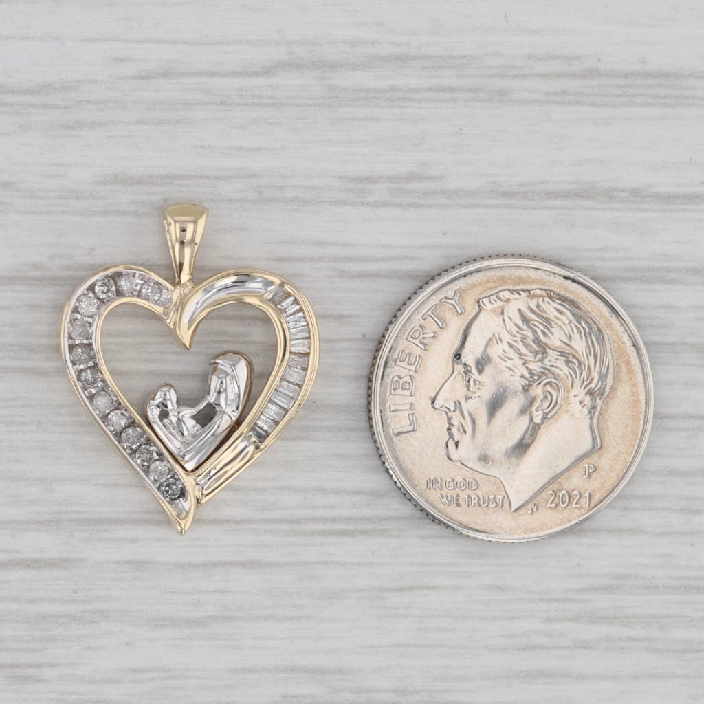 Gray 0.20ctw Diamond Mother Child Open Heart Pendant 10k Yellow White Gold