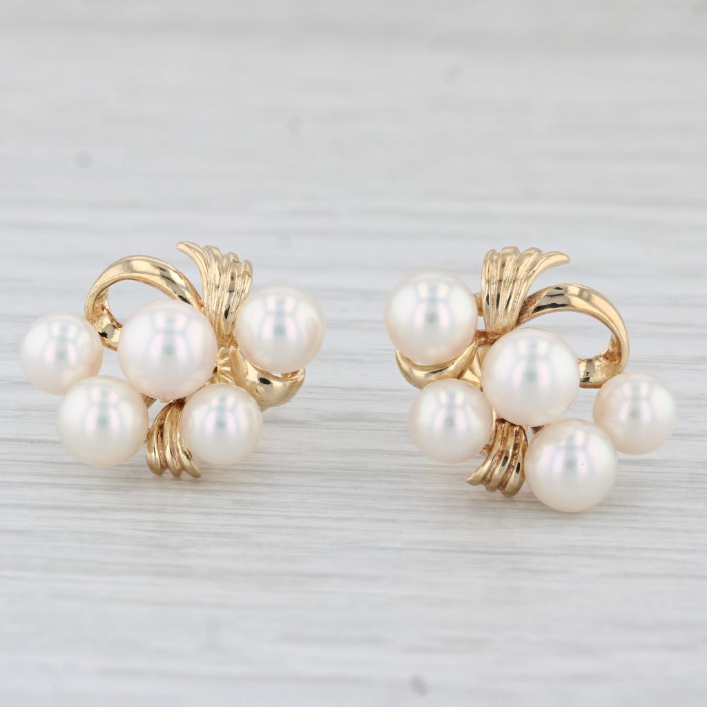 Light Gray Cultured Pearl Cluster Stud Earrings 18k Yellow Gold