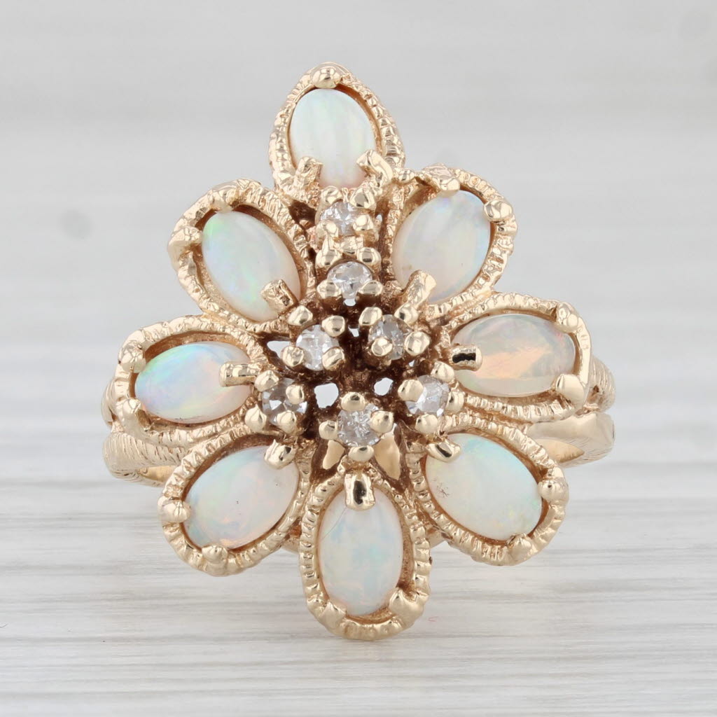 Light Gray Vintage Opal Diamond Flower Cocktail Ring 14k Yellow Gold Size 6.25