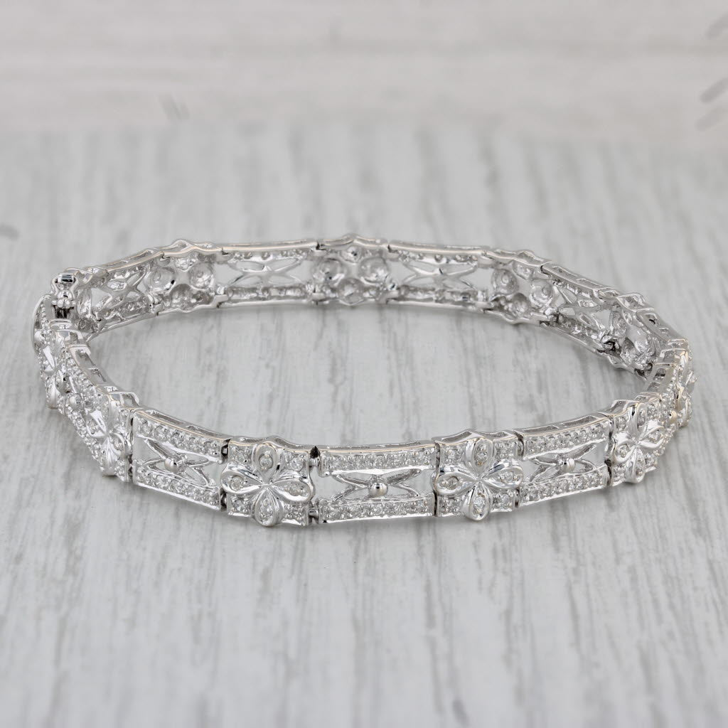 Gray 1ctw Diamond Flower Bracelet 18k White Gold 7.5” 7.6mm