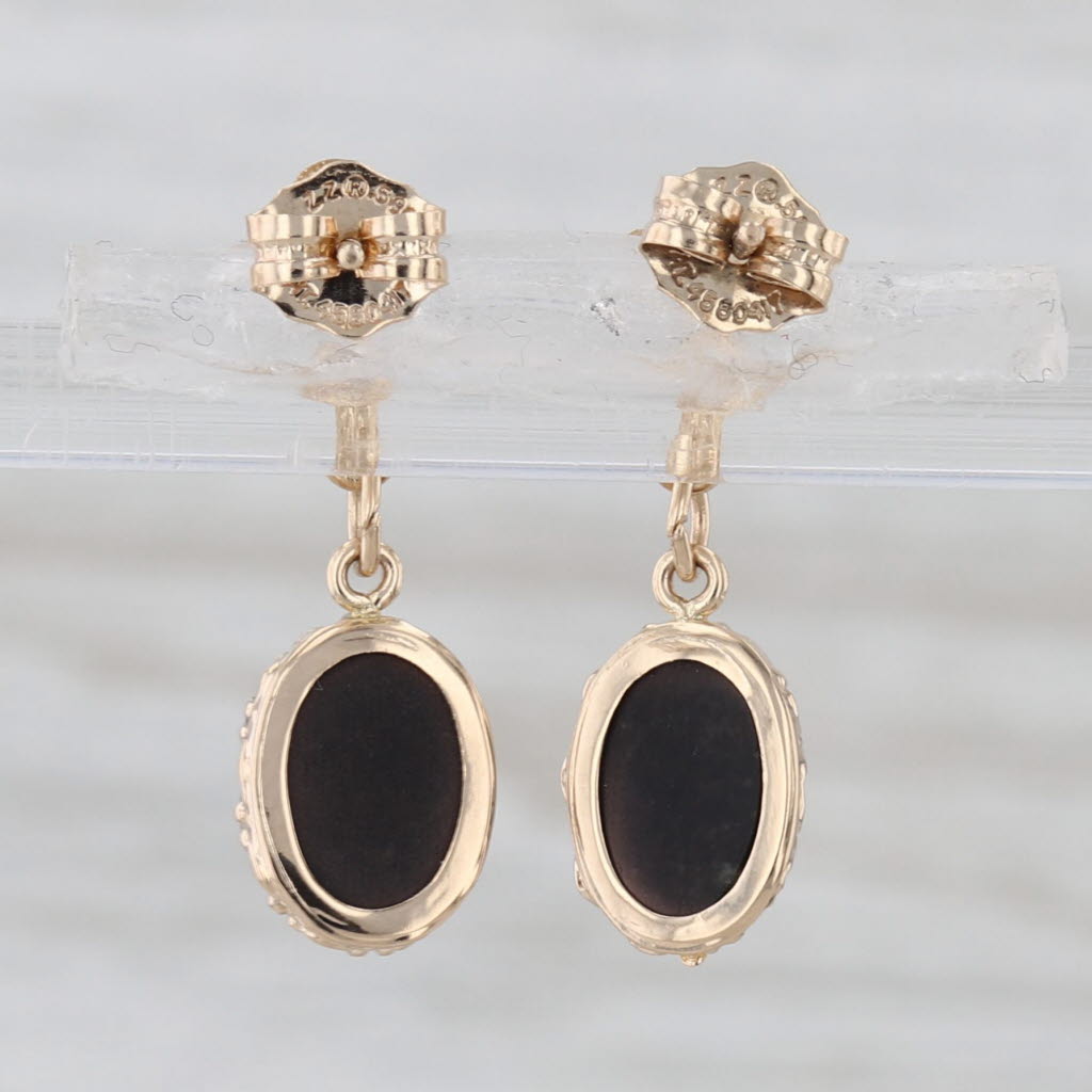 Blue Opal Quartz Doublet Dangle Earrings 14k Yellow Gold Mosaic Drops