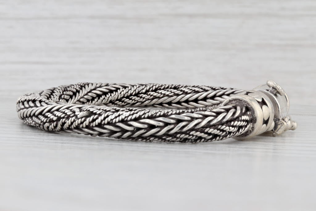 Light Gray Woven Rope Chain Bracelet Sterling Silver 7.5" 6.4mm Statement