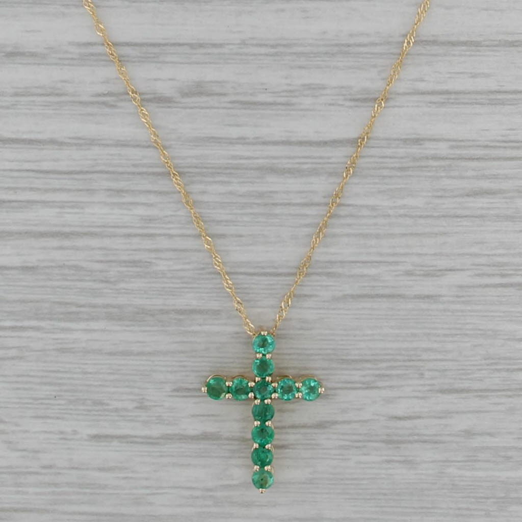 New 0.72ctw Emerald Cross Pendant Necklace 10k Yellow Gold 18" Singapore Chain