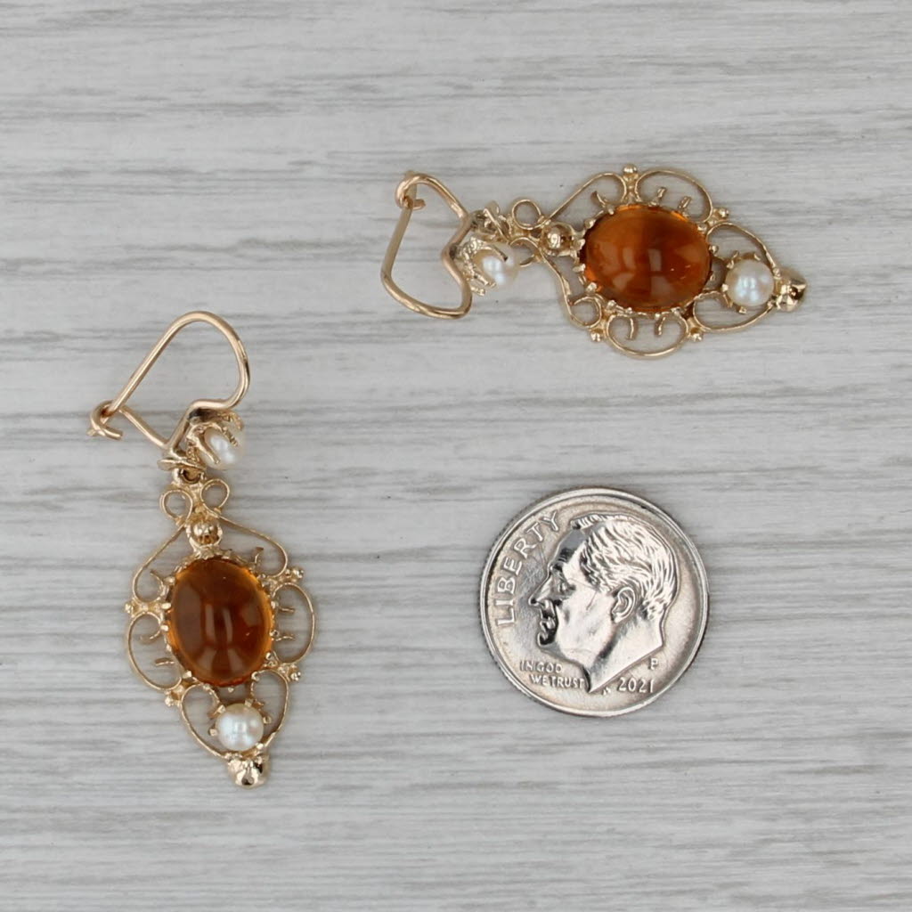 Vintage Citrine Cultured Pearl Dangle Earrings 14k Yellow Gold Hook Posts
