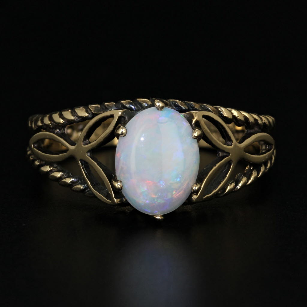 Black Vintage Opal Solitaire Ring 10k Yellow Gold Size 6.5 Oval Cabochon Solitaire