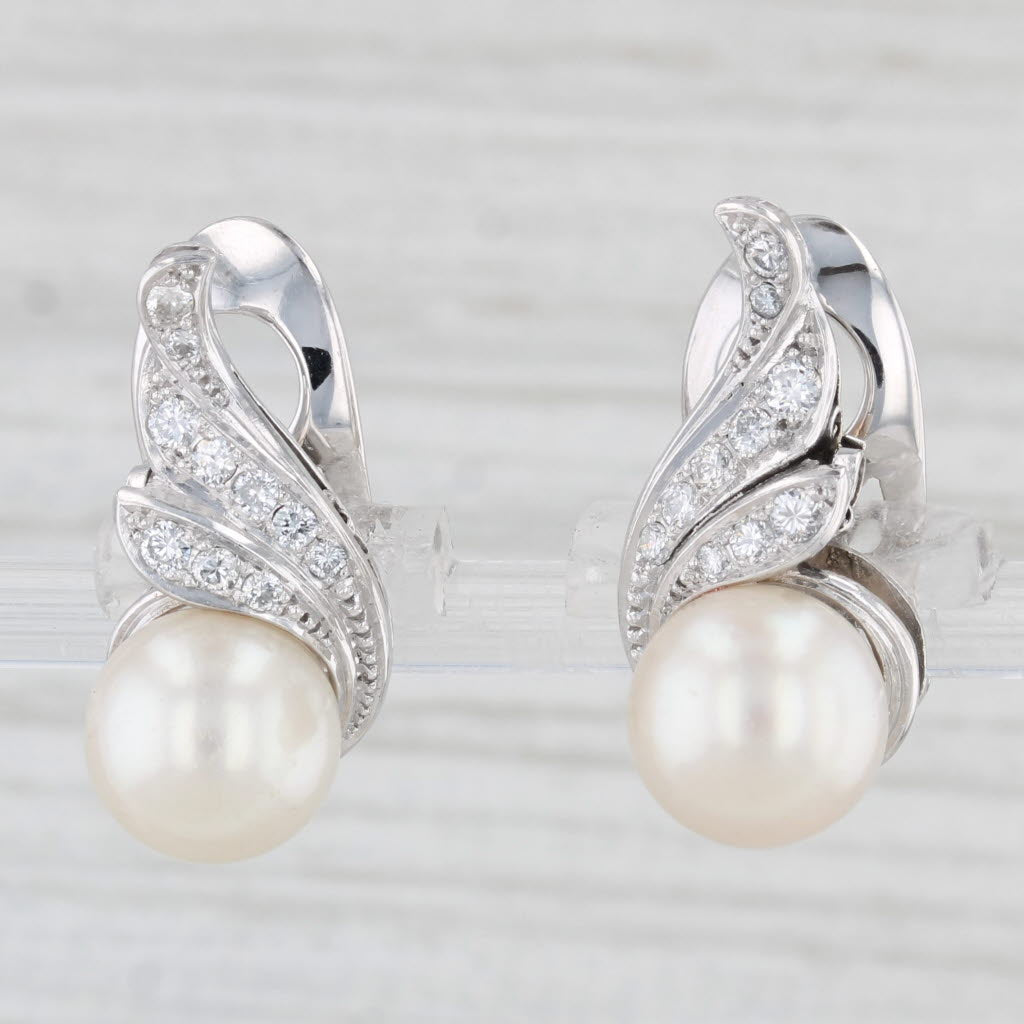 Cultured Pearl 0.30ctw Diamond Drop Clip On Earrings 14k Gold Platinum