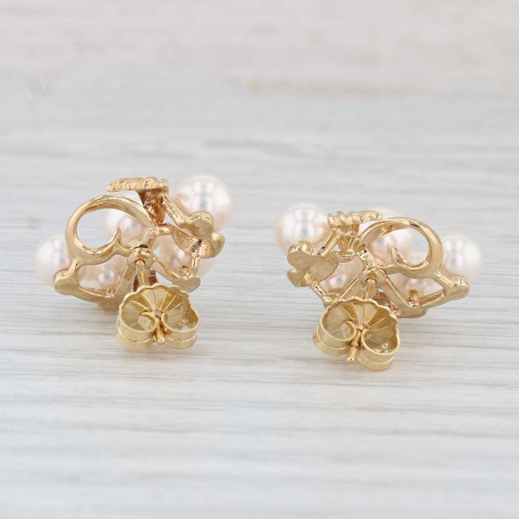 Light Gray Cultured Pearl Cluster Stud Earrings 18k Yellow Gold