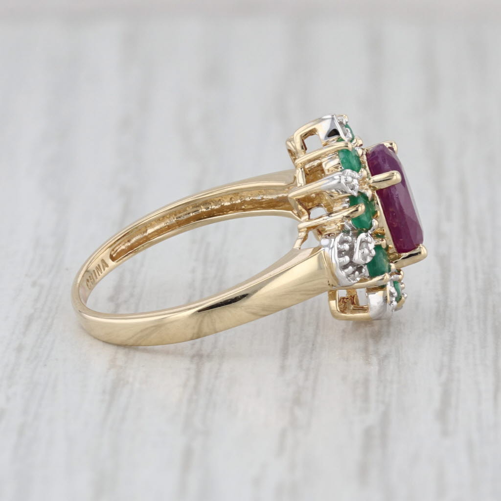 Ruby Emerald Diamond Halo Ring 14k Yellow Gold Size 8.25 Cocktail