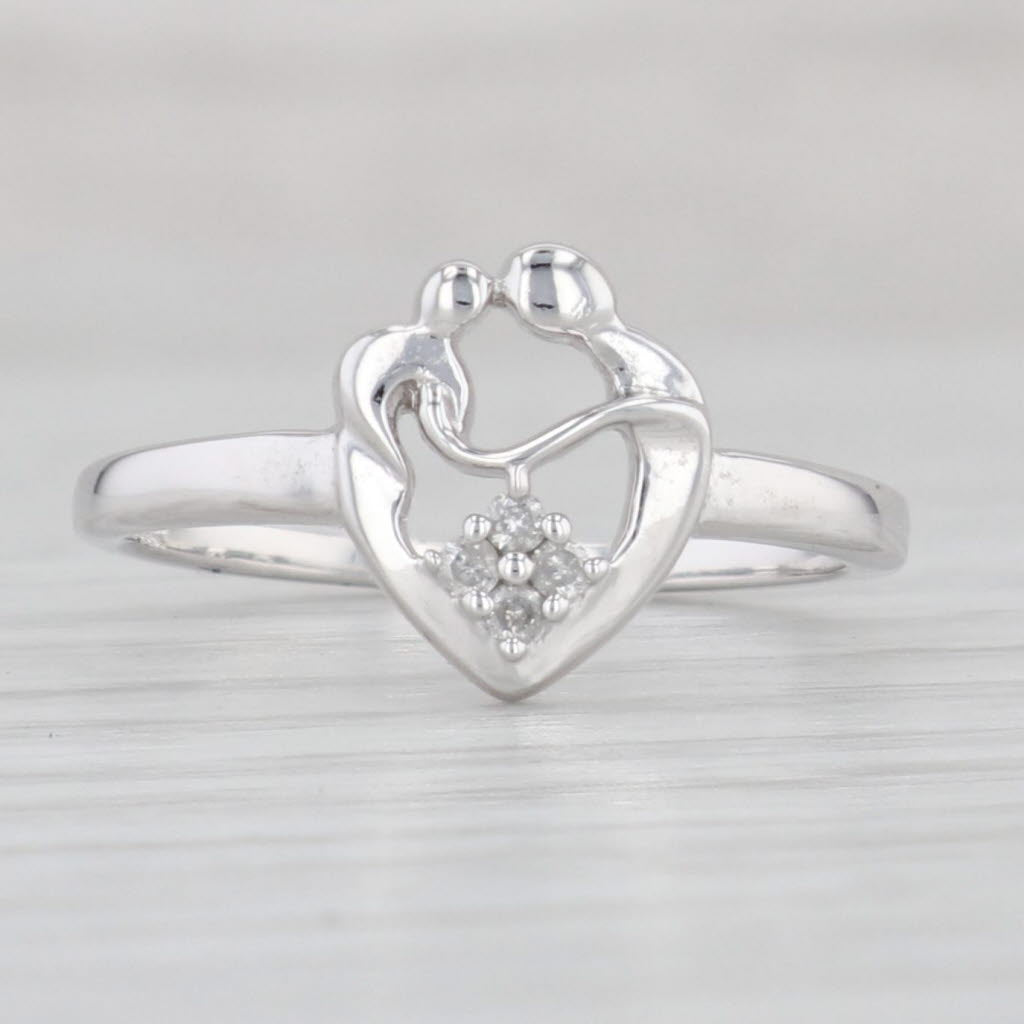 Light Gray Diamond Mother & Child Heart Ring 14k White Gold Size 7