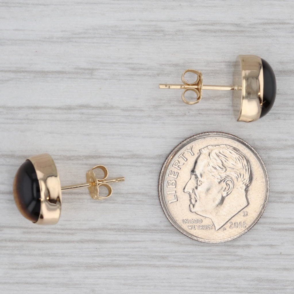 Gray Tiger's Eye Oval Cabochon Solitaire Stud Earrings 14k Yellow Gold