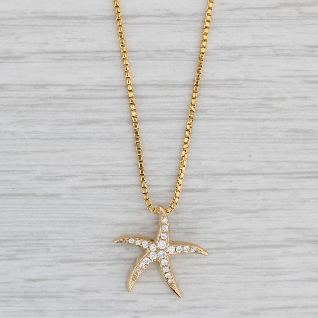 Light Gray New 0.12ctw Diamond Star Pendant 14k Yellow Gold 17-18" Box Chain