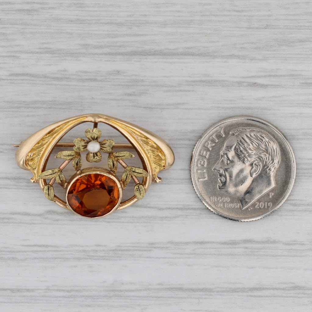 Gray Antique Pearl Glass Flower Pin 10k Gold Brooch
