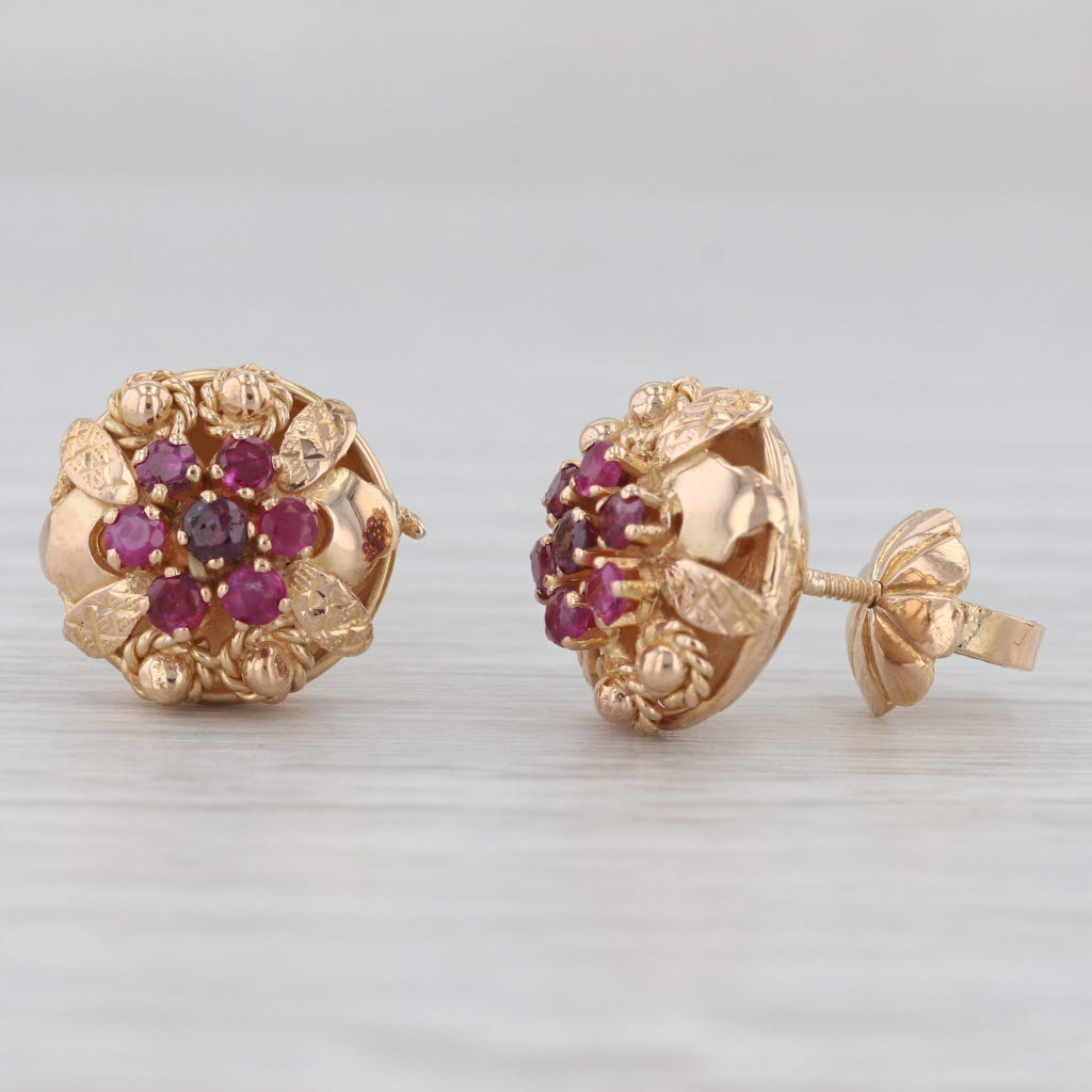 Light Gray Vintage 1.75ctw Ruby Cluster Flower Stud Earrings 18k Rose Gold