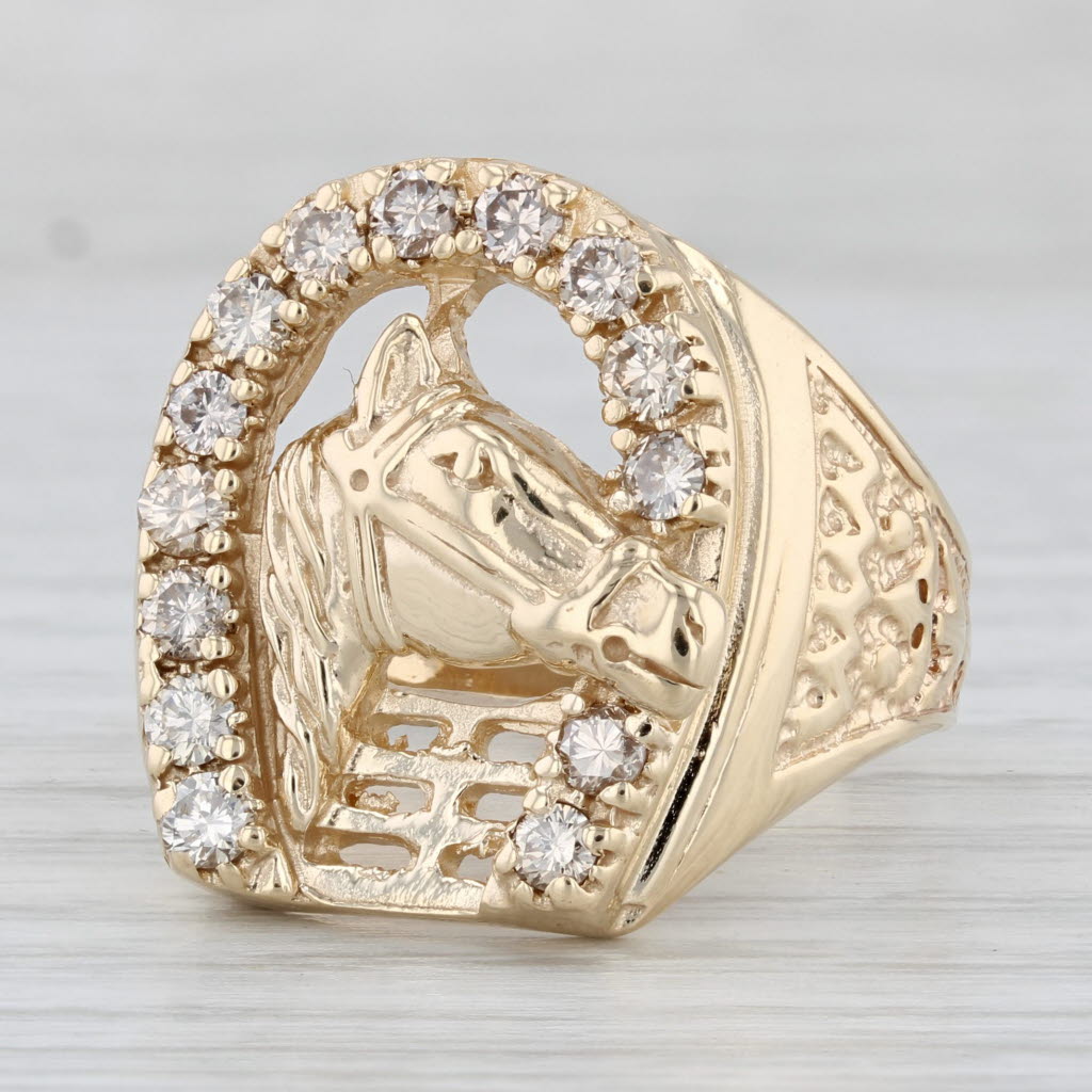 Light Gray 0.90ctw Diamond Horseshoe Horse Ring 14k Yellow Gold Men's Size 11 Western
