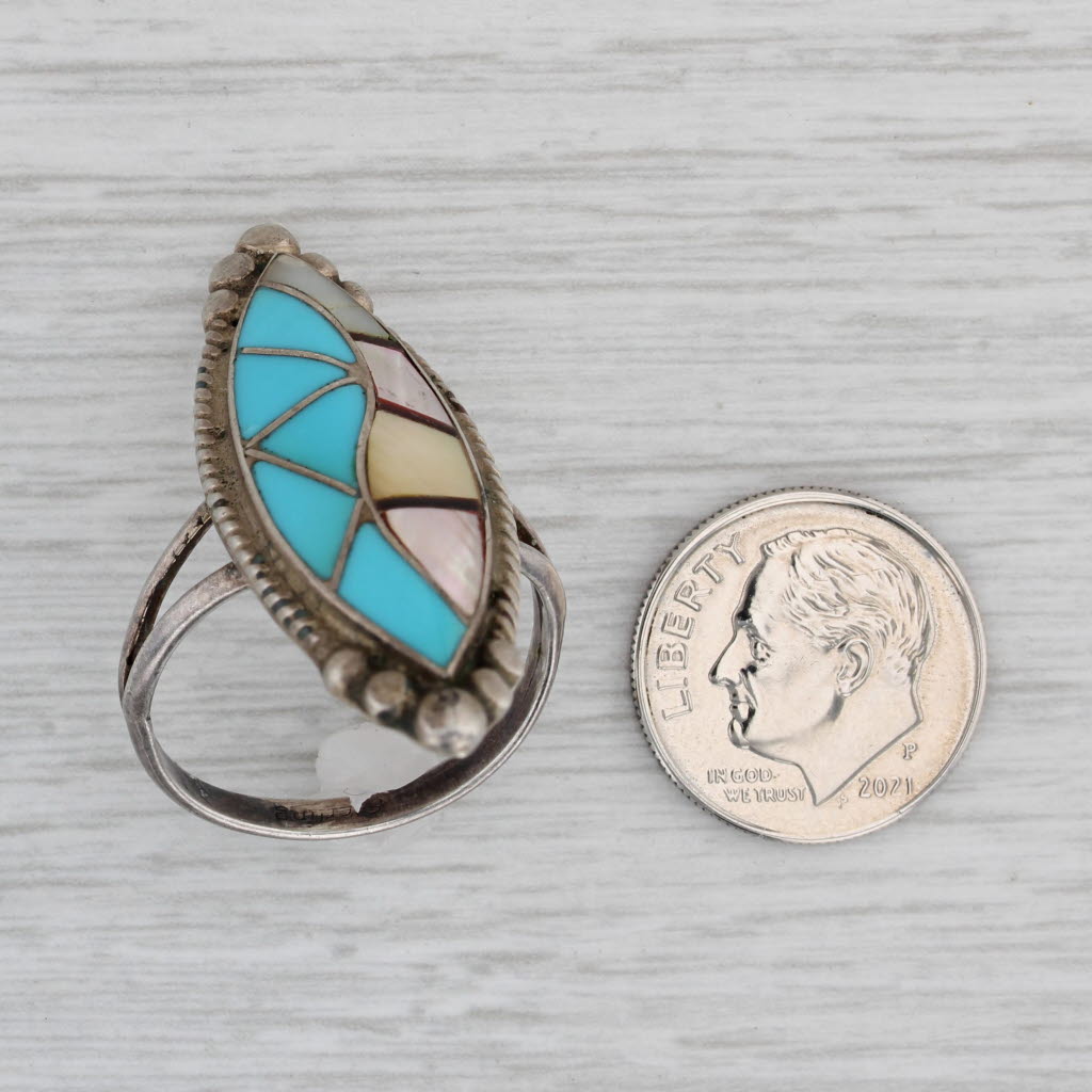 Gray Native American Turquoise Mother of Pearl Statement Ring Sterling Silver Size 10
