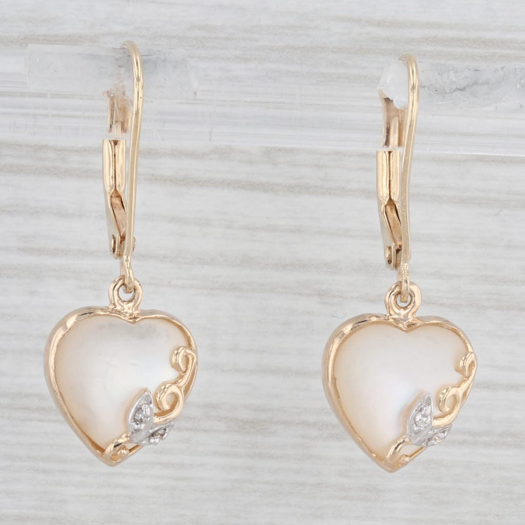Light Gray Mother of Pearl Heart Dangle Earrings 14k Yellow Gold Diamonds Lever Backs