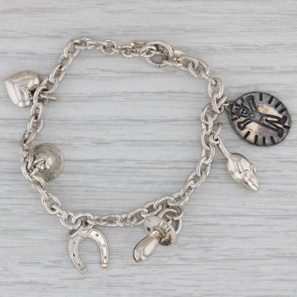Gray Cable Chain Charm Bracelet Sterling Silver Heart Bell Pacifier Mice 6.5"