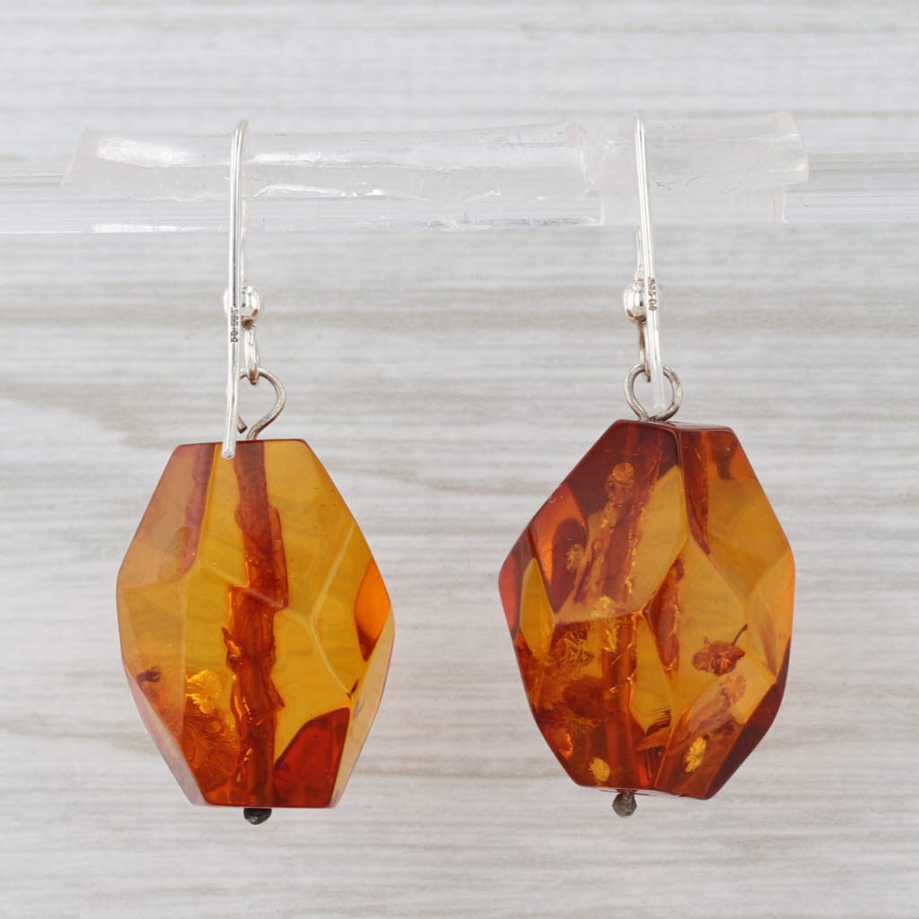 Vintage Sun Spangled Amber Dangle Earrings Sterling Silver Large Faceted Beads