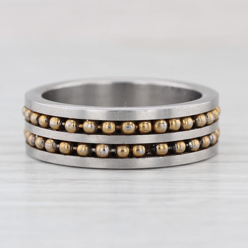 2-Toned Steel Bead Accented Ring Men's Size 12.25 Bead 8.1mm