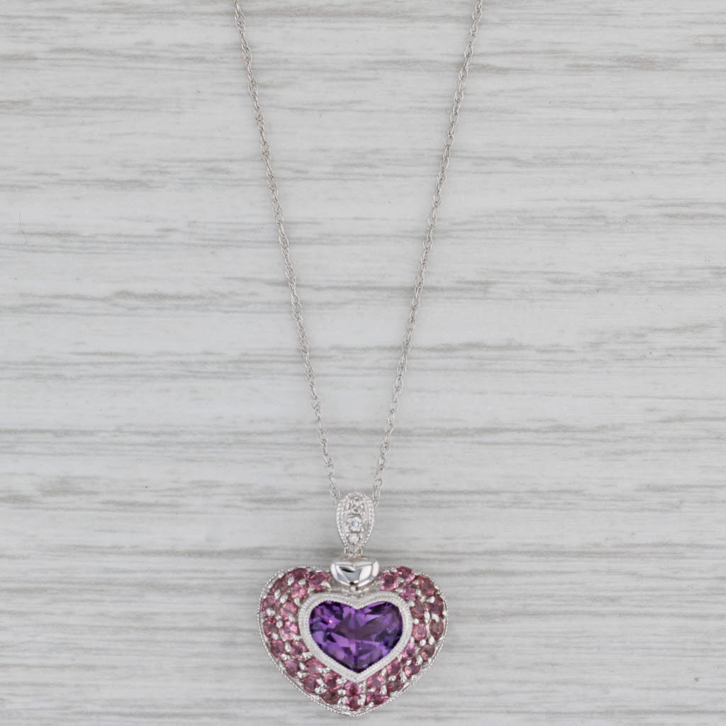 Gray 2.45ctw Amethyst Tourmaline Diamond Heart Pendant Necklace 10k White Gold 18"
