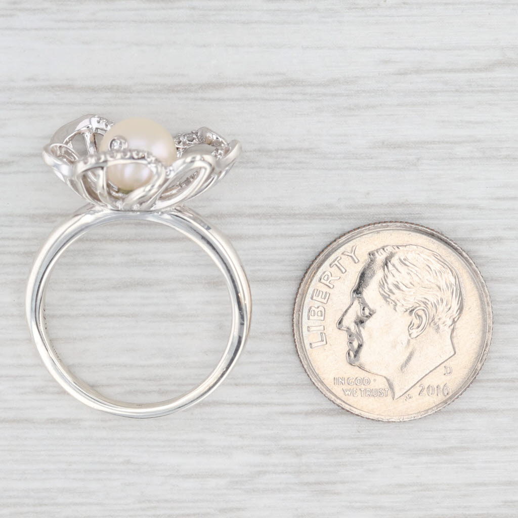 Light Gray Anne Geddes Cultured Pearl Diamond Rimmed Flower Ring Sterling Silver Size 6.25