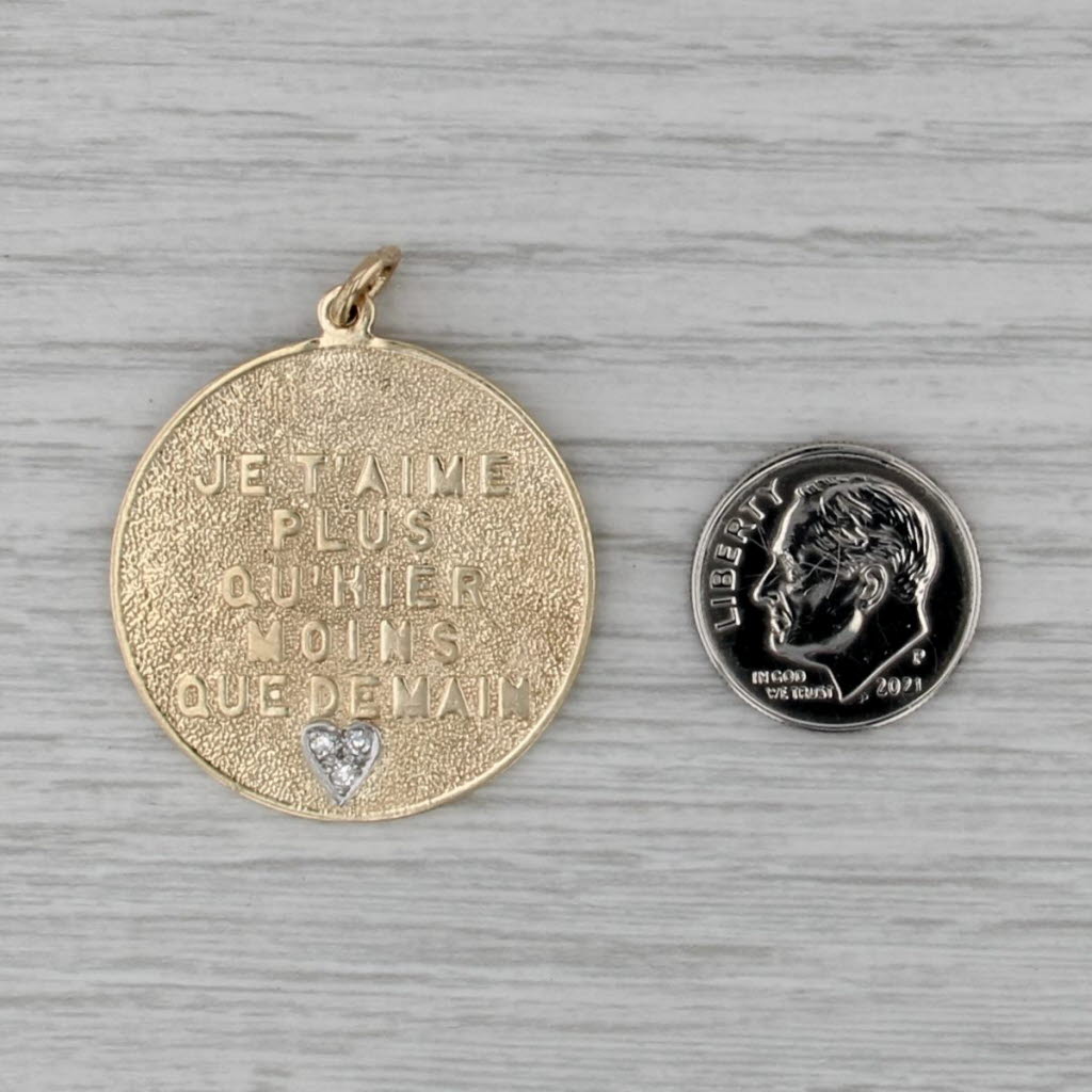 Je T'aime Plus Qu'hier moins Que Demain Diamond Heart Medallion Pendant 14k Gold