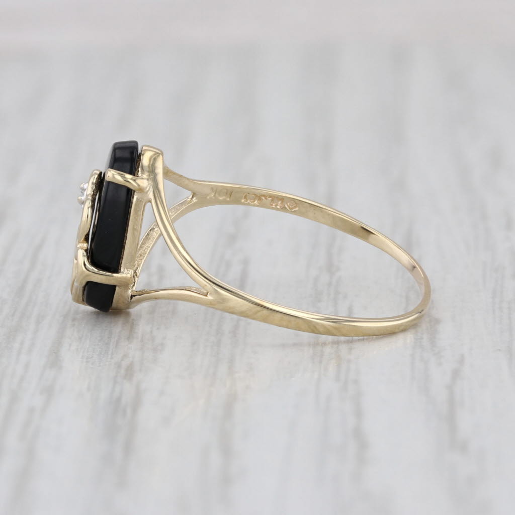 Vintage Onyx Diamond Hearts Signet Ring 10k Yellow Gold Size 9