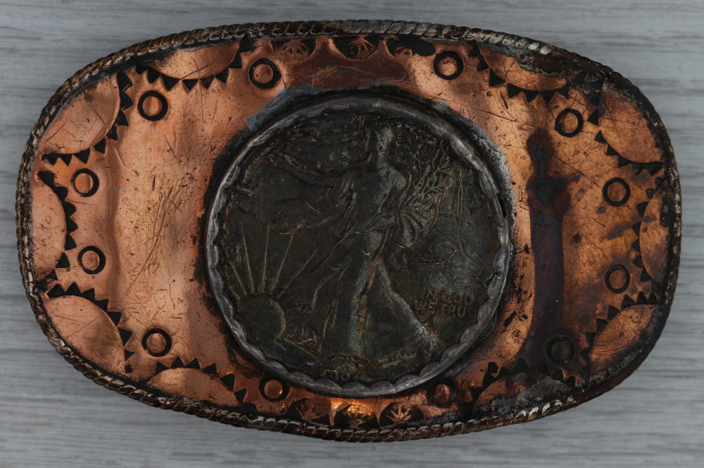 Large Native American Belt Buckle Copper Silver Eagle Coin 1991 Artisan Signed