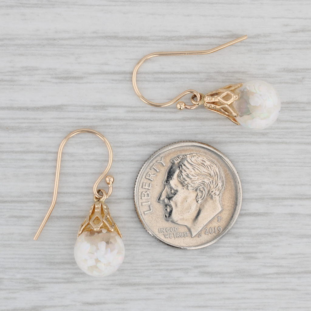 Gray Vintage Floating Opals in Glass Drop Earrings 14k Yellow Gold Hook Post Dangles