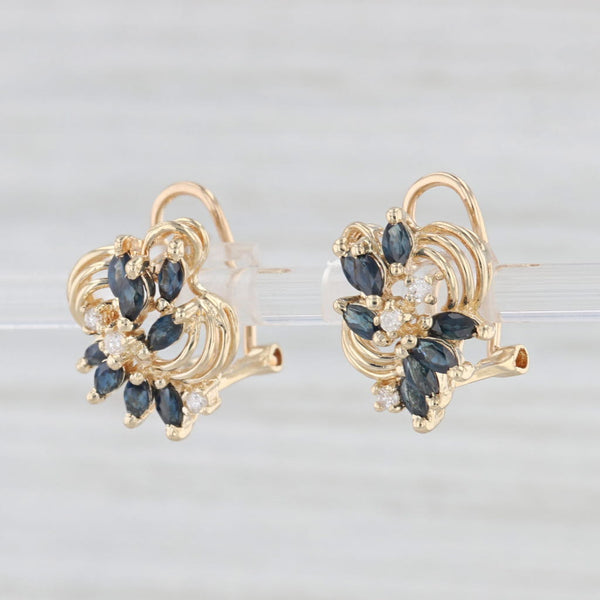 1.09ctw Blue Sapphire Diamond Cluster Earrings 14k Yellow Gold Omega Backs