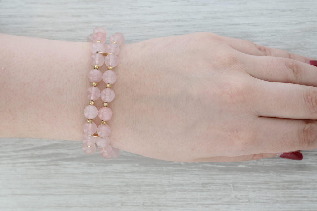 Gray Rose Quartz Double Bead Strand Bracelet 14k Yellow Gold 6.75"