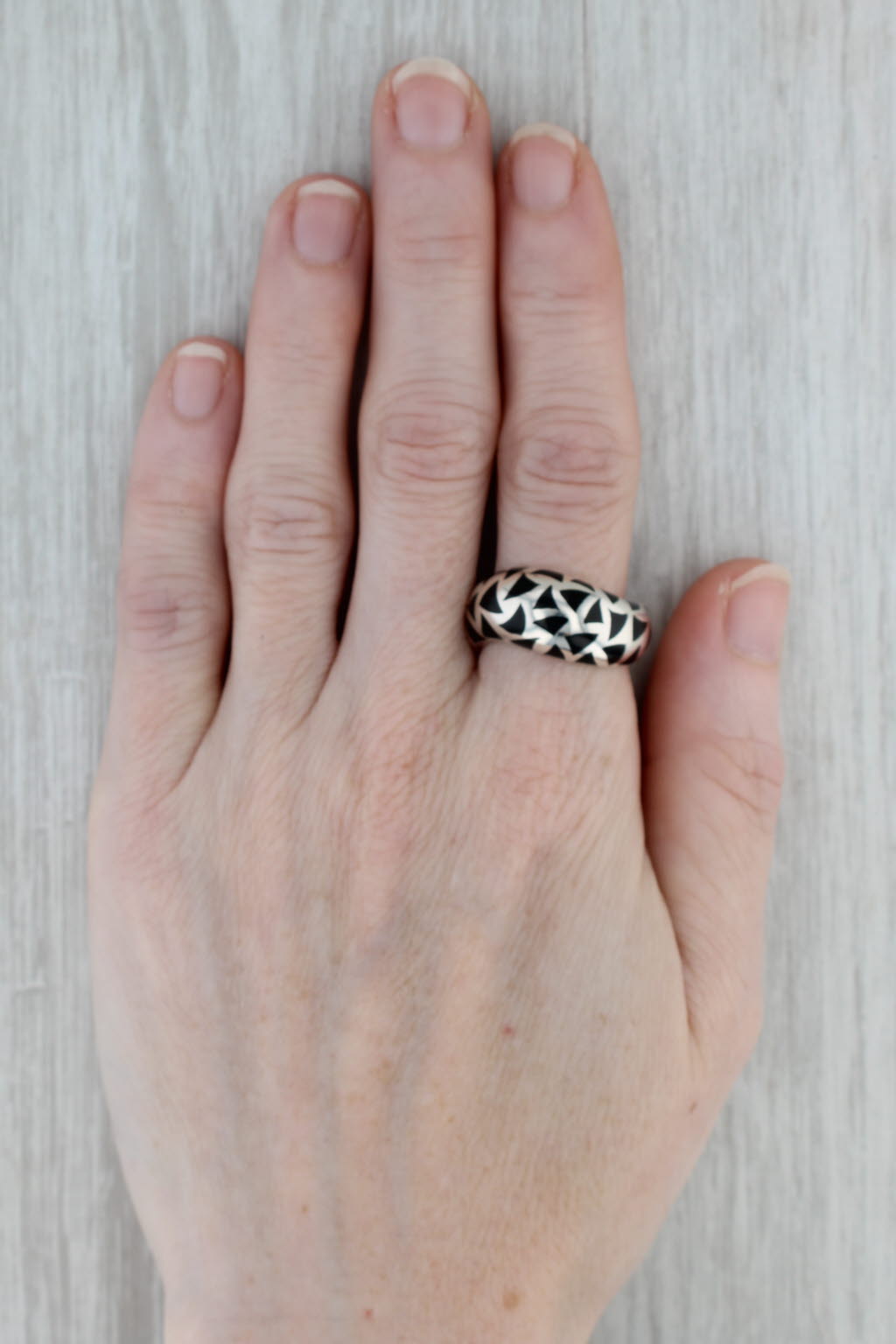 Dark Gray Black Resin Mosaic Domed Silver Ring Sterling Size 8-8.25 Statement