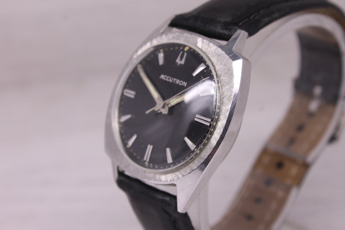 Vintage 1966 Bulova Accutron 214 Asymetric Steel Tuning Fork Watch Black Dial