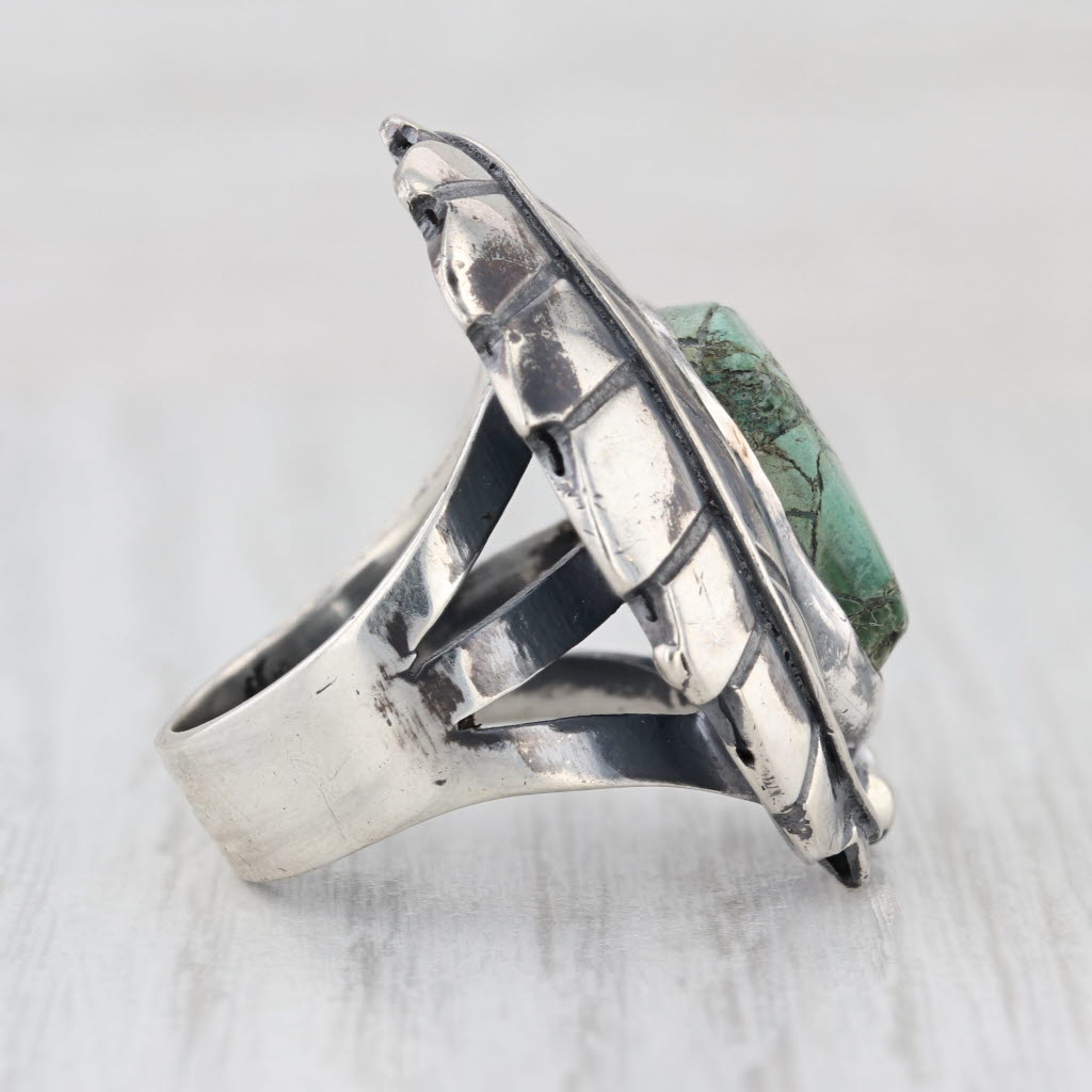 Vintage Green Copper Mineral Resi Feather Ring Sterling Silver Size 6.25