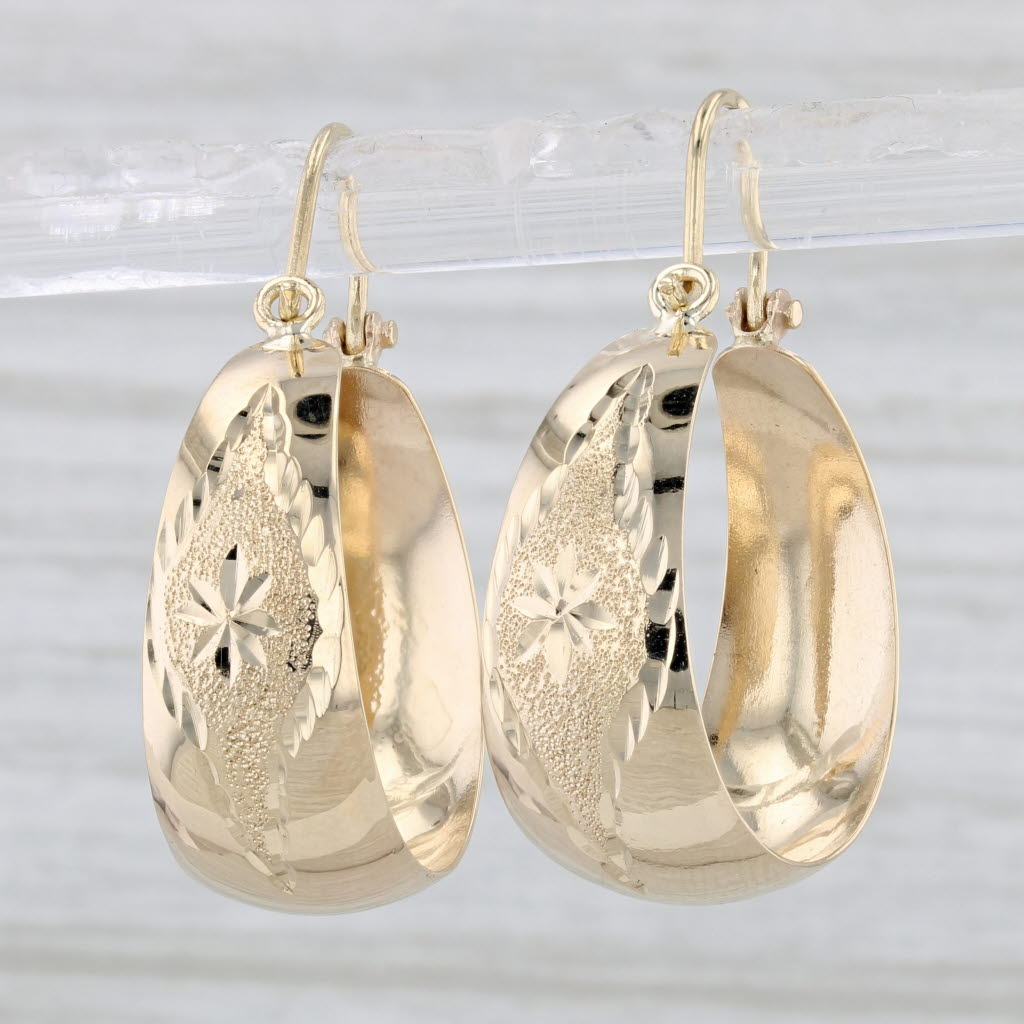 Light Gray Textured Round Hoop Earrings 14k Yellow Gold Drop Hoops