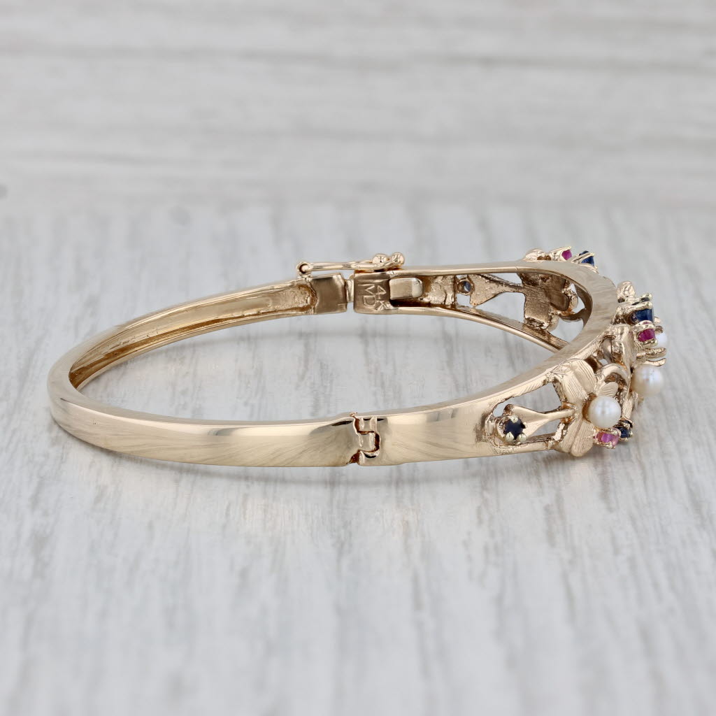 Gray Gemstone Floral Bangle Bracelet 14k Gold 0.46ctw Sapphire Ruby Cultured Pearl