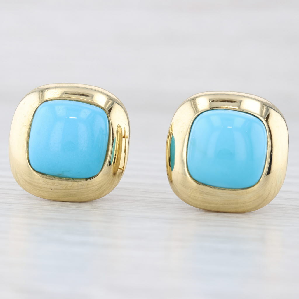 Light Gray Italian Turquoise Cabochon Earrings 18k Yellow Gold Omega Back Drops