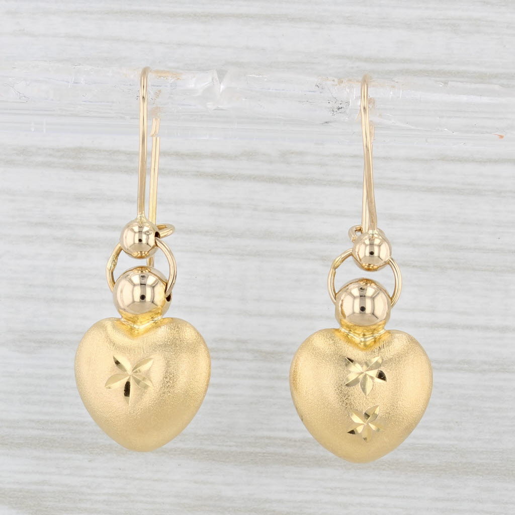 Light Gray Brushed Floral Heart Dangle Earrings 14k Yellow Gold Pierced Drops