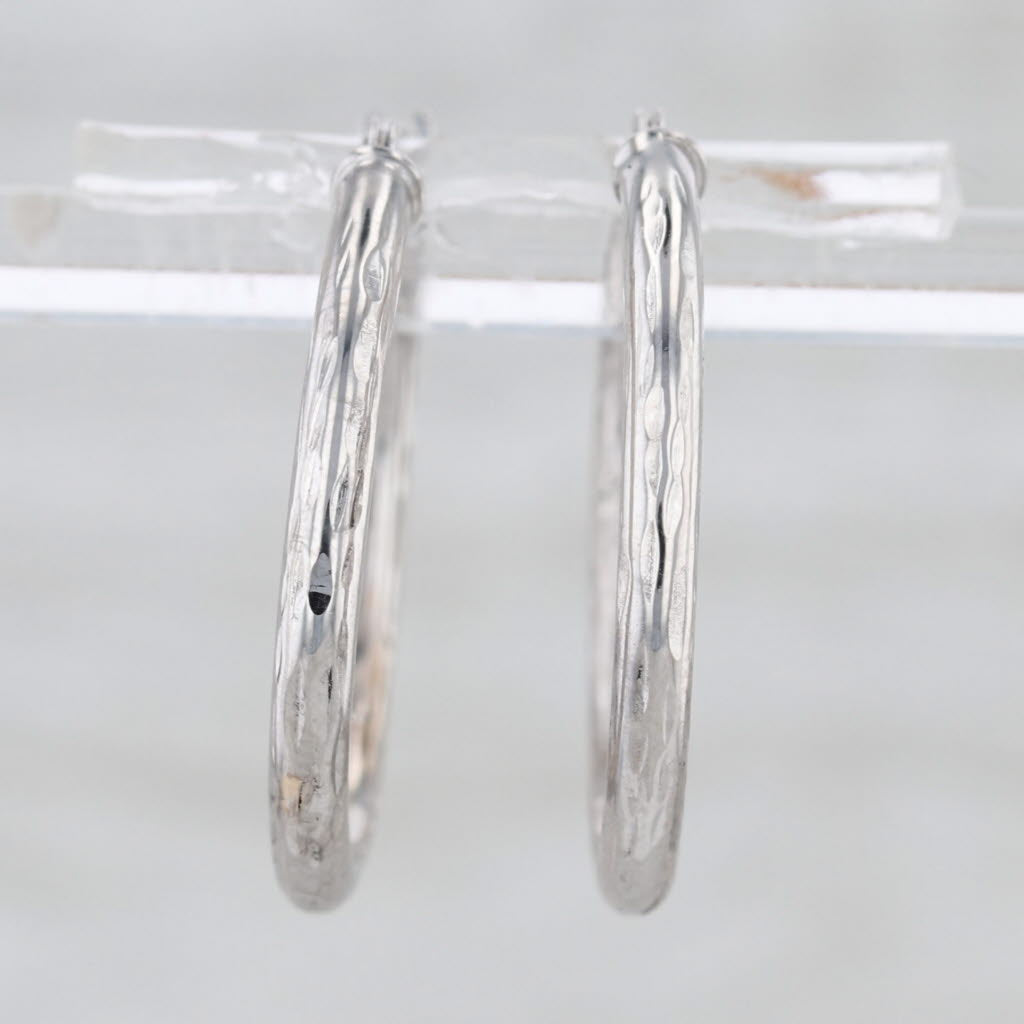 Small Etched Hoop Earrings 10k White Gold Snap Top Round Hoops 22.6 x 2.3 mm