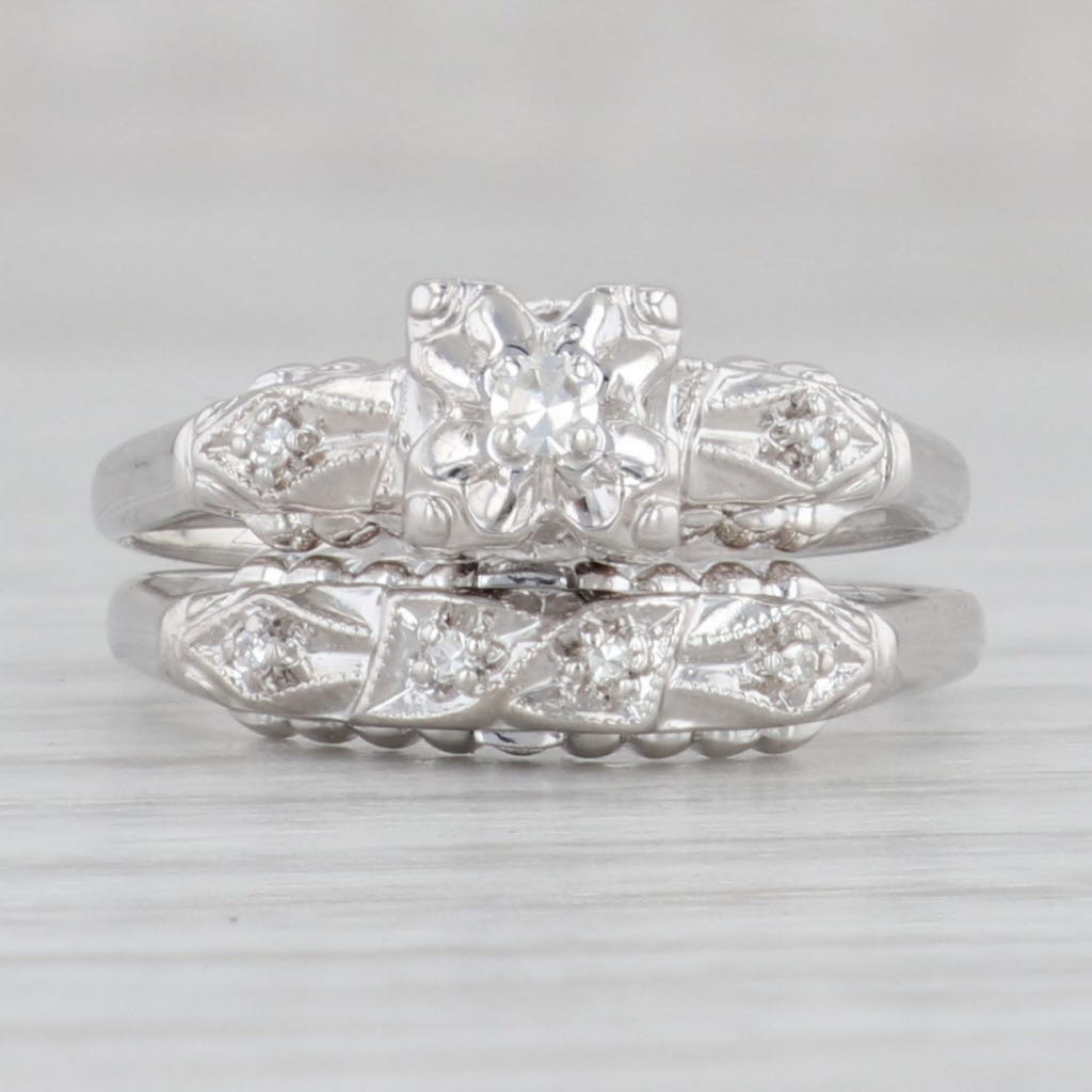 Gray Vintage Diamond Engagement Ring Wedding Band Bridal Set 14k White Gold Sz 5.75-6