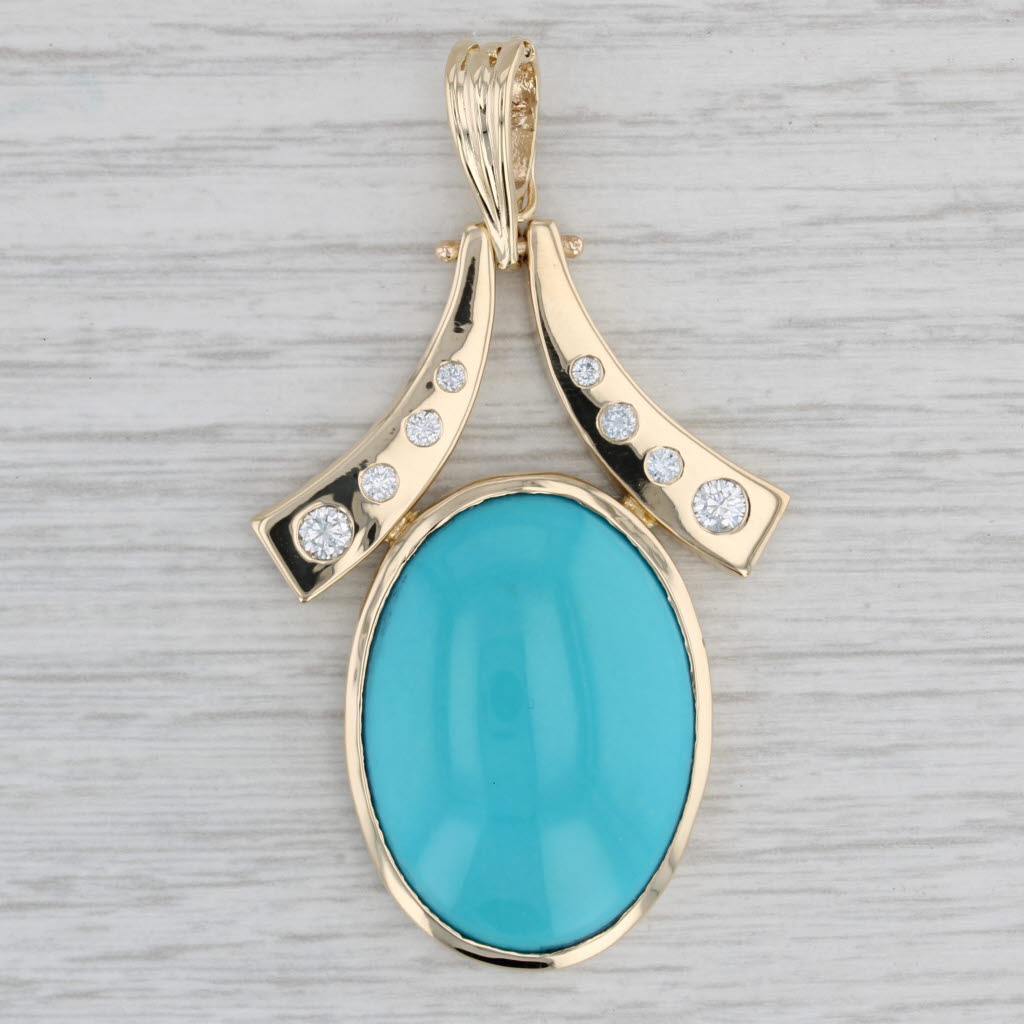 Gray Stabilized Turquoise Diamond Enhancer Pendant 14k Yellow Gold Oval Cabochon