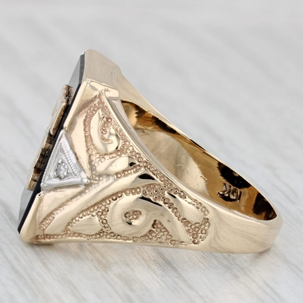 Light Gray Letter Initial T Onyx Diamond Signet Ring 10k Yellow Gold Ornate Men's Size 9.75