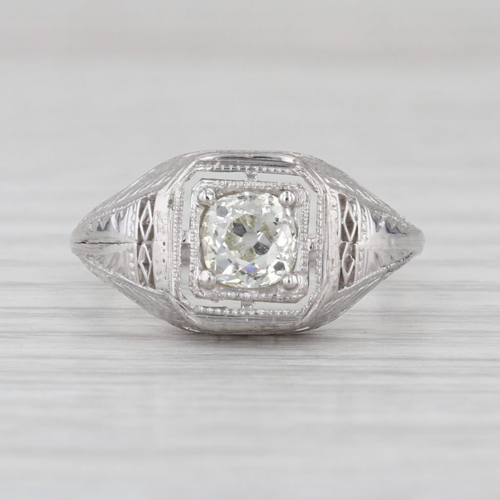 Art Deco Old Mine Diamond Engagement Ring 14k White Gold Filigree Size 5.75