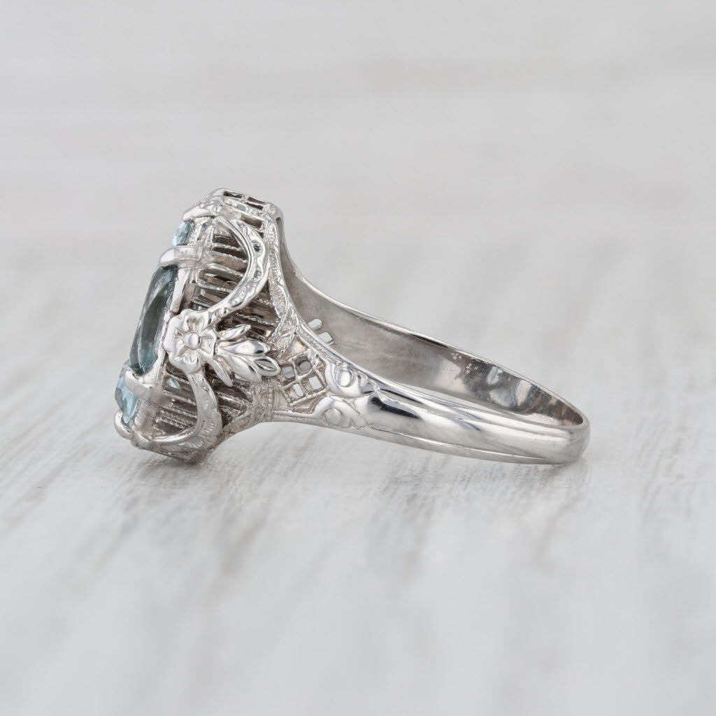 Vintage Aquamarine Diamond Ring 14k White Gold Filigree Size 7.5