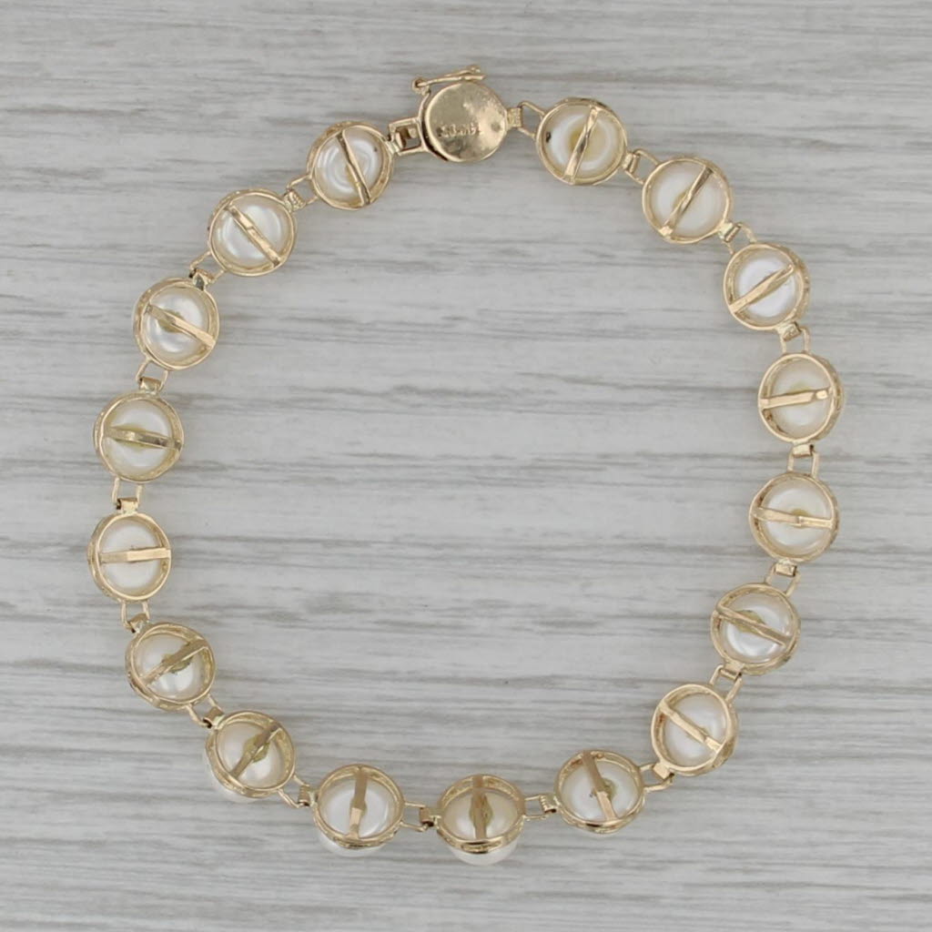 Cultured Pearl Tennis Bracelet 14k Yellow Gold 7" 7.5mm Chinese Calligraphy