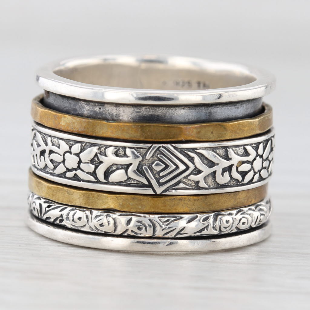 Light Gray Silpada Floral Spinner Ring Sterling Silver Brass Statement Band Size 8.25