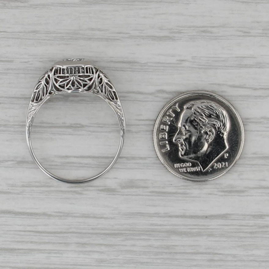 Art Deco Diamond Solitaire Ring 18k White Gold Filigree Size 7.5