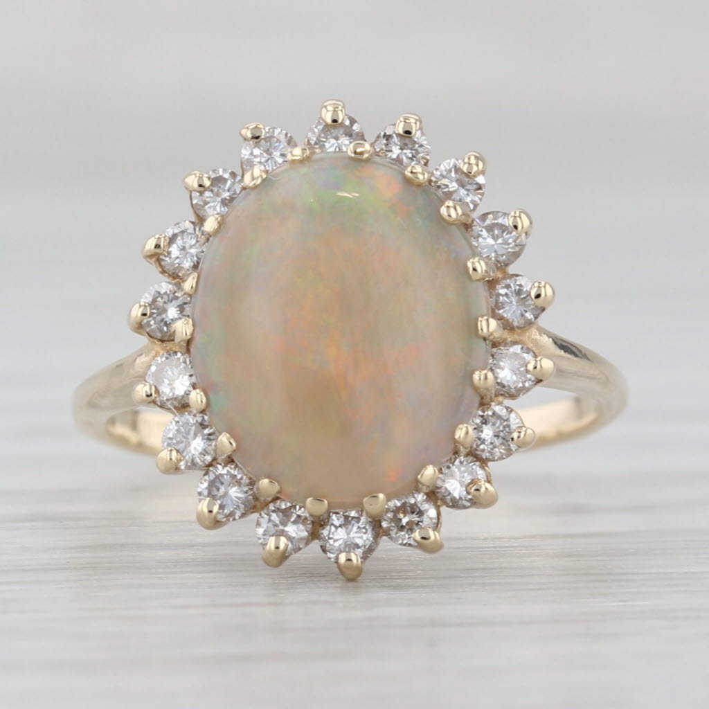 Oval Opal Cabochon Diamond Halo Ring 14k Yellow Gold Size 6.75