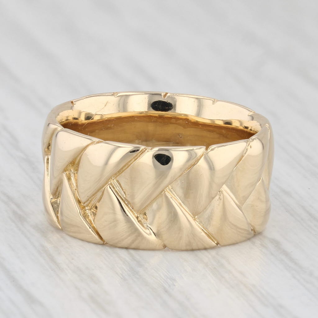 Light Gray Basket Weave Solid Gold Wide Band Ring 18k Yellow Gold Size 5 1/4